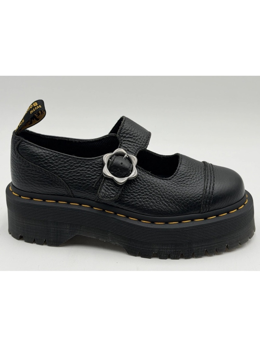 Dr. Martens Addina  Black Leather Platform Mary Jane with Flower Buckle
